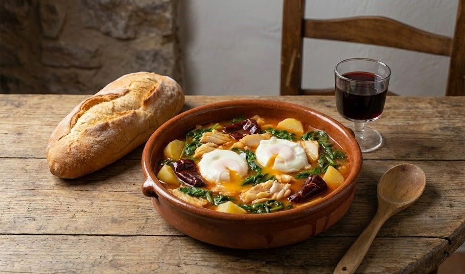 Cazuela de barro con guiso de Borreta Alcoyana tradicional, bacalao, espinacas, patatas y dos huevos escalfados