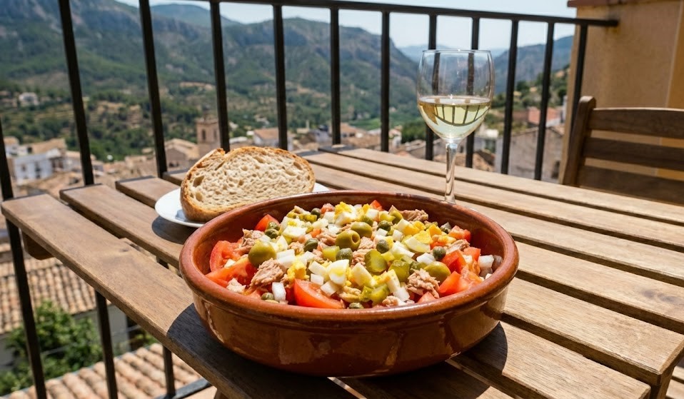 Ensalada fresca Despencat de Alcoy con atún, tomate, huevo y encurtidos servida en terraza de verano