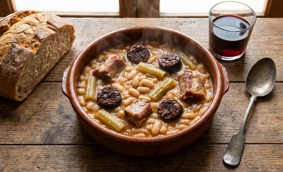 Plato de barro con Olleta Alcoyana tradicional, guiso de alubias con costilla y morcilla sobre mesa de madera