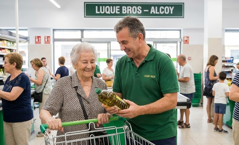 Empleado de Supermercado Luque Bros atendiendo amablemente a una clienta mayor en Alcoy